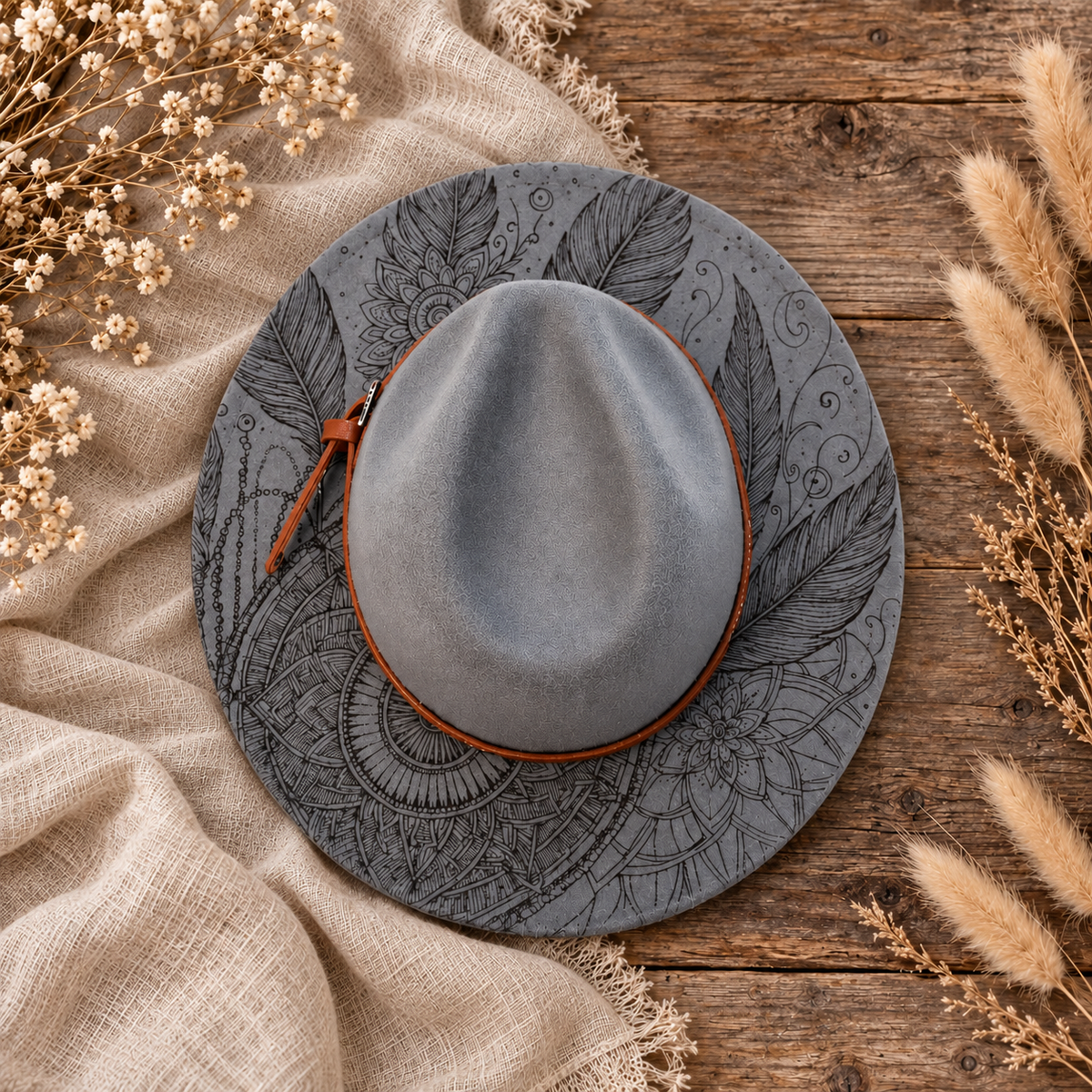 Grey Aztec Boho Fedora Hat on a cream flat-lay background