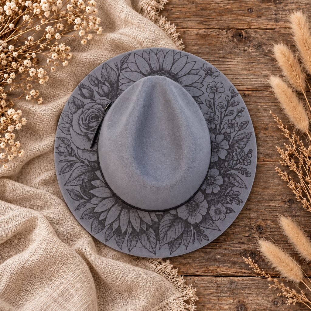 Grey Floral Fedora Hat on a cream flat-lay background