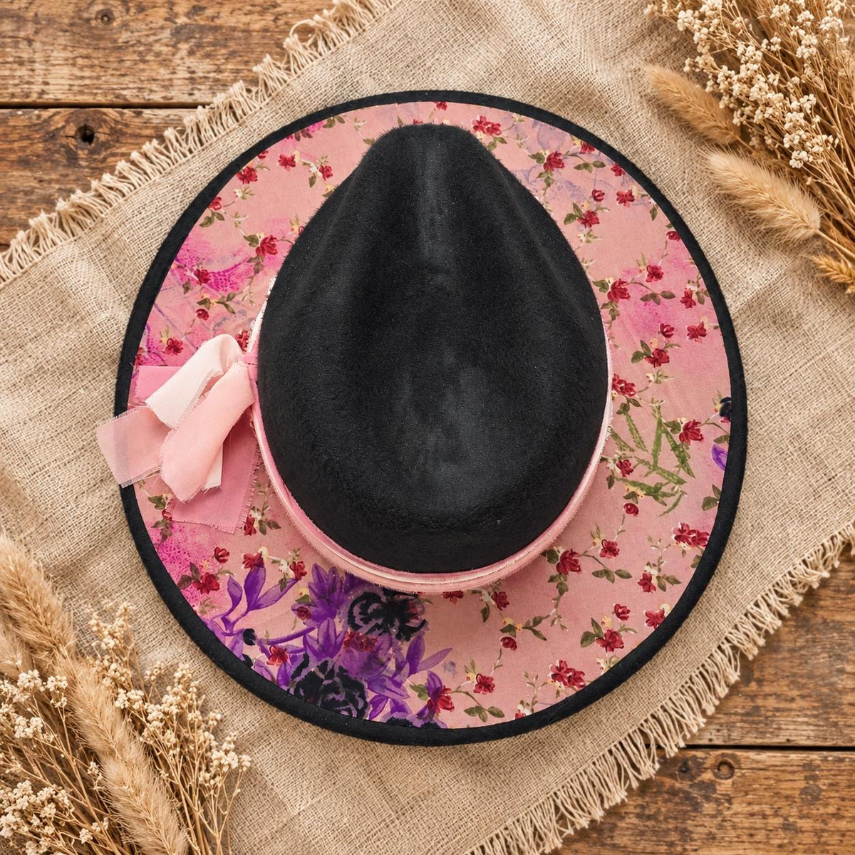 Black & Pink Floral Fedora Hat