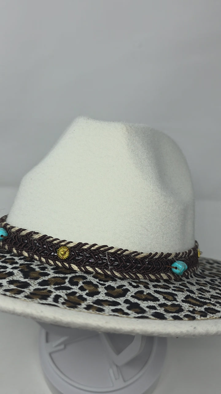 Biege Western Fedora with Full Leopard Print Brim