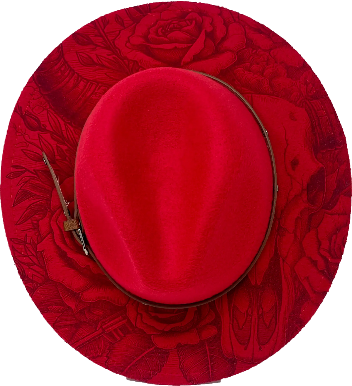 Red fedora laser engraved with rose and skull artwork for a bold country look
