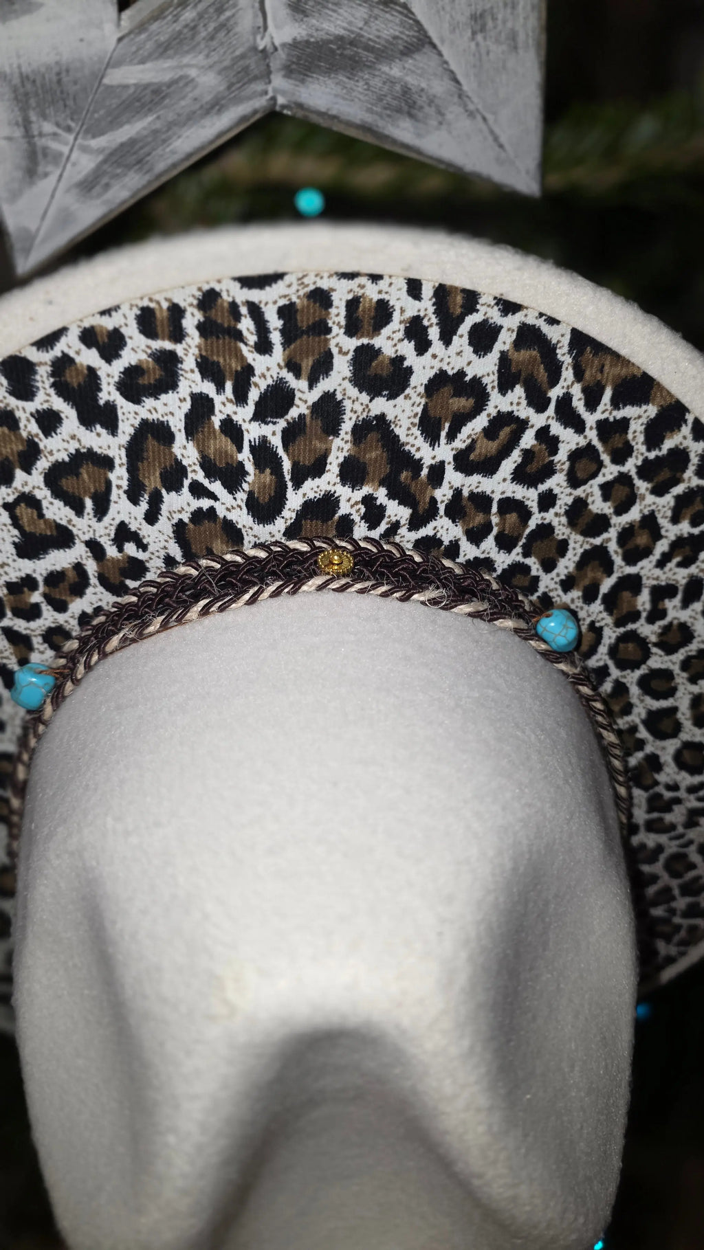 Biege Western Fedora with Full Leopard Print Brim Western Fedora Hats