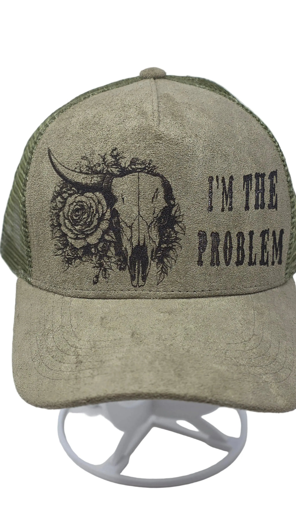 Green Cap with text and design on a white background