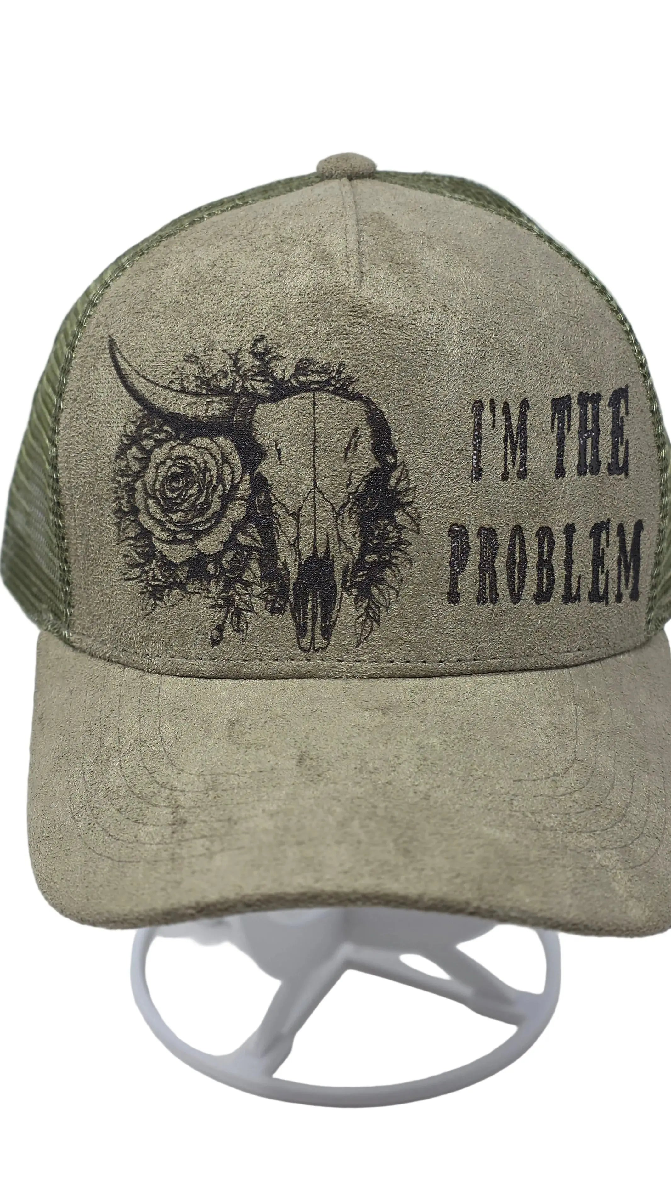 Green Cap with text and design on a white background