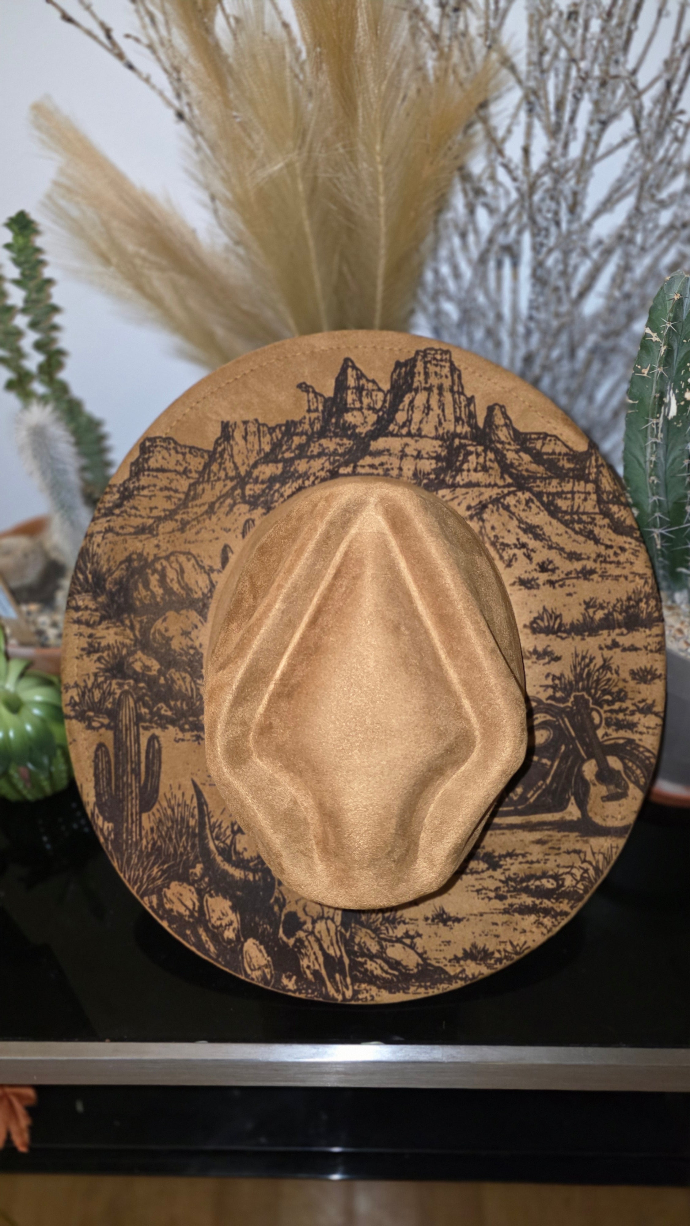 Desert Motorcycle Engraved Fedora Hat – Western Style Statement Piece