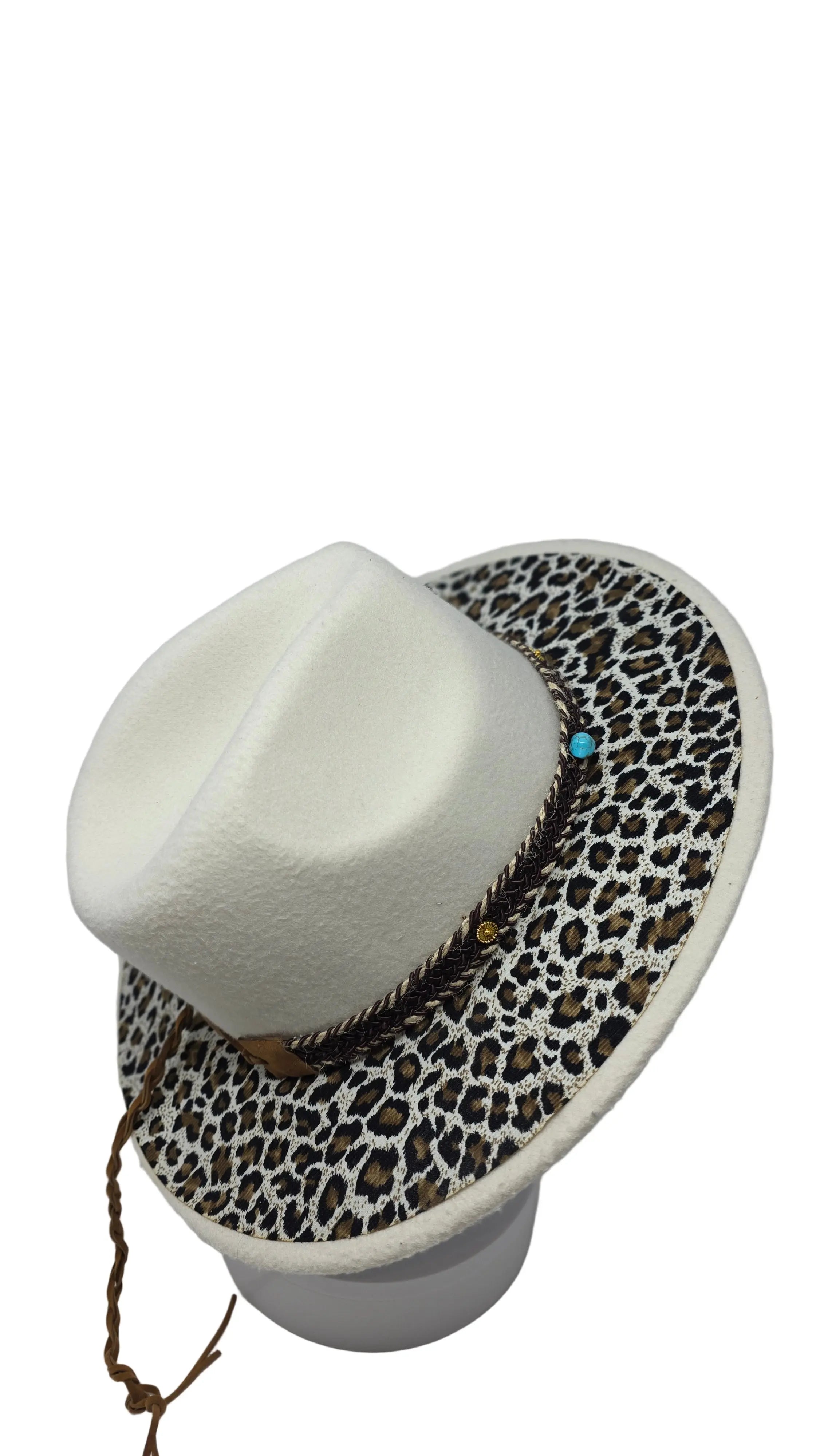 Biege Western Fedora with Full Leopard Print Brim Western Fedora Hats