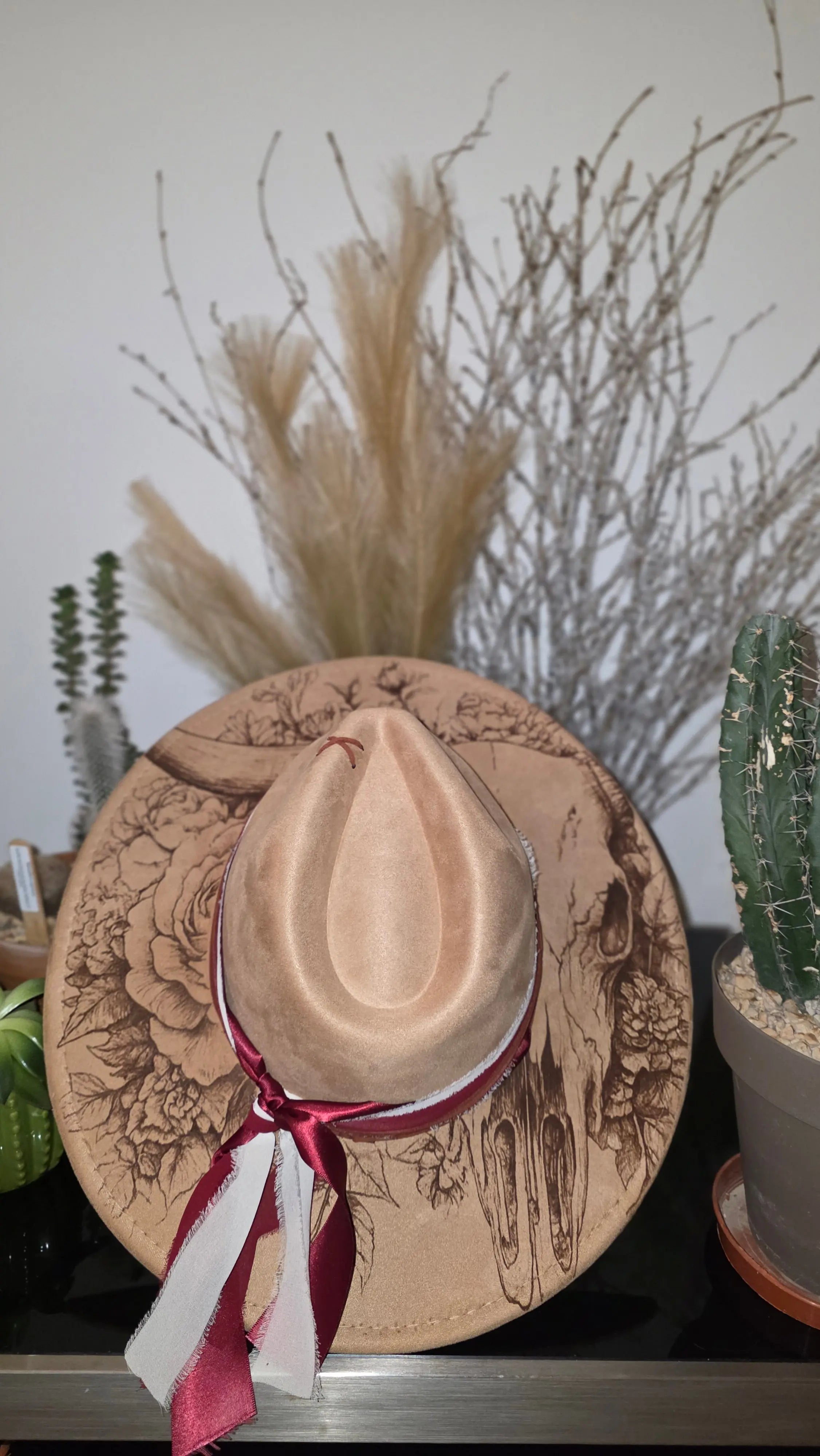 Engraved Floral Cow Skull Fedora Hat Western Fedora Hats