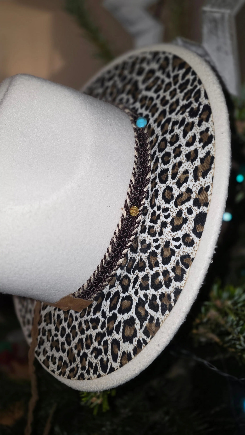 Biege Western Fedora with Full Leopard Print Brim Western Fedora Hats