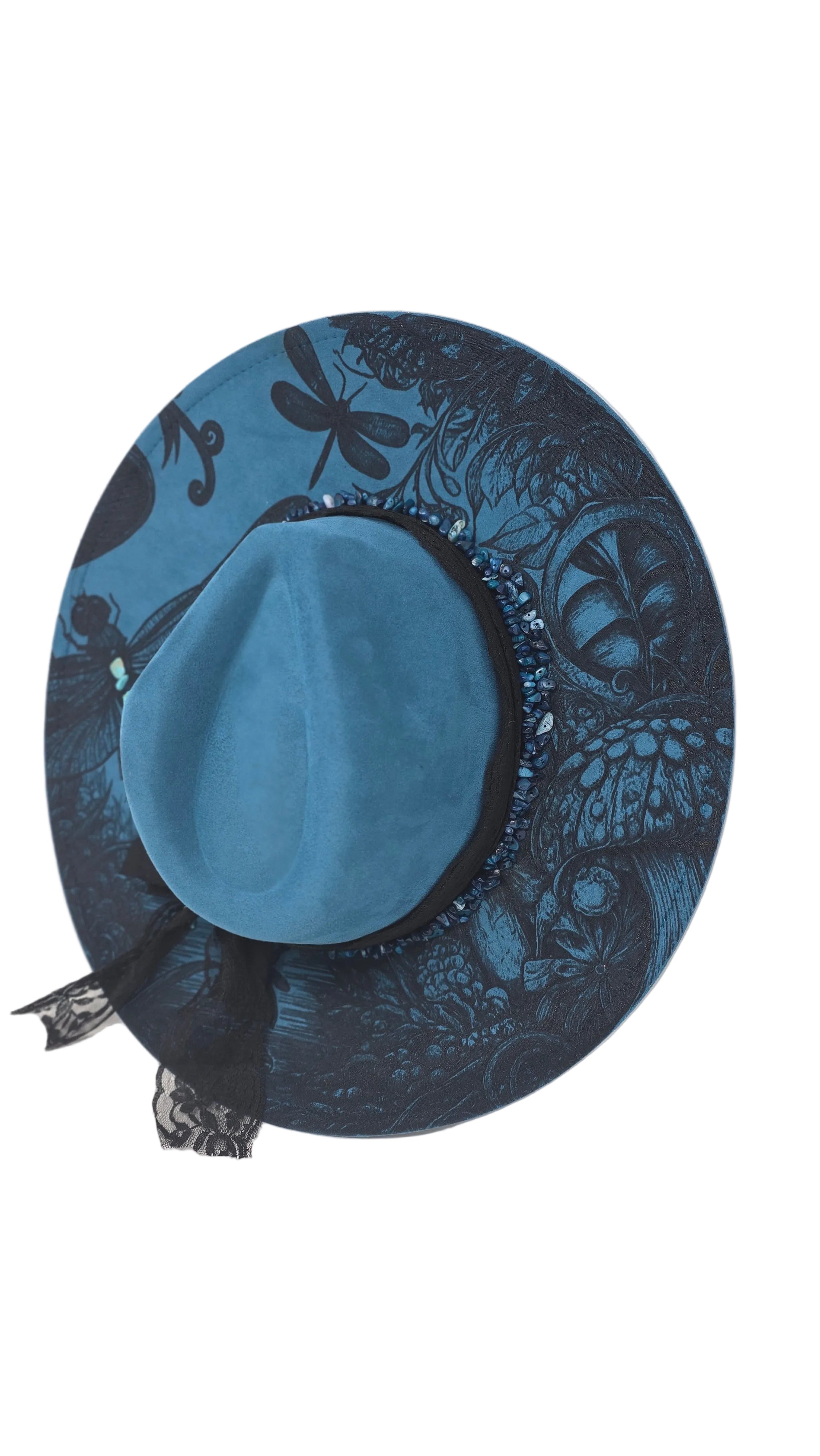 Midnight Moonlight Dragonfly Fedora Hat – Blue & Black Statement Brim with Beaded Detail