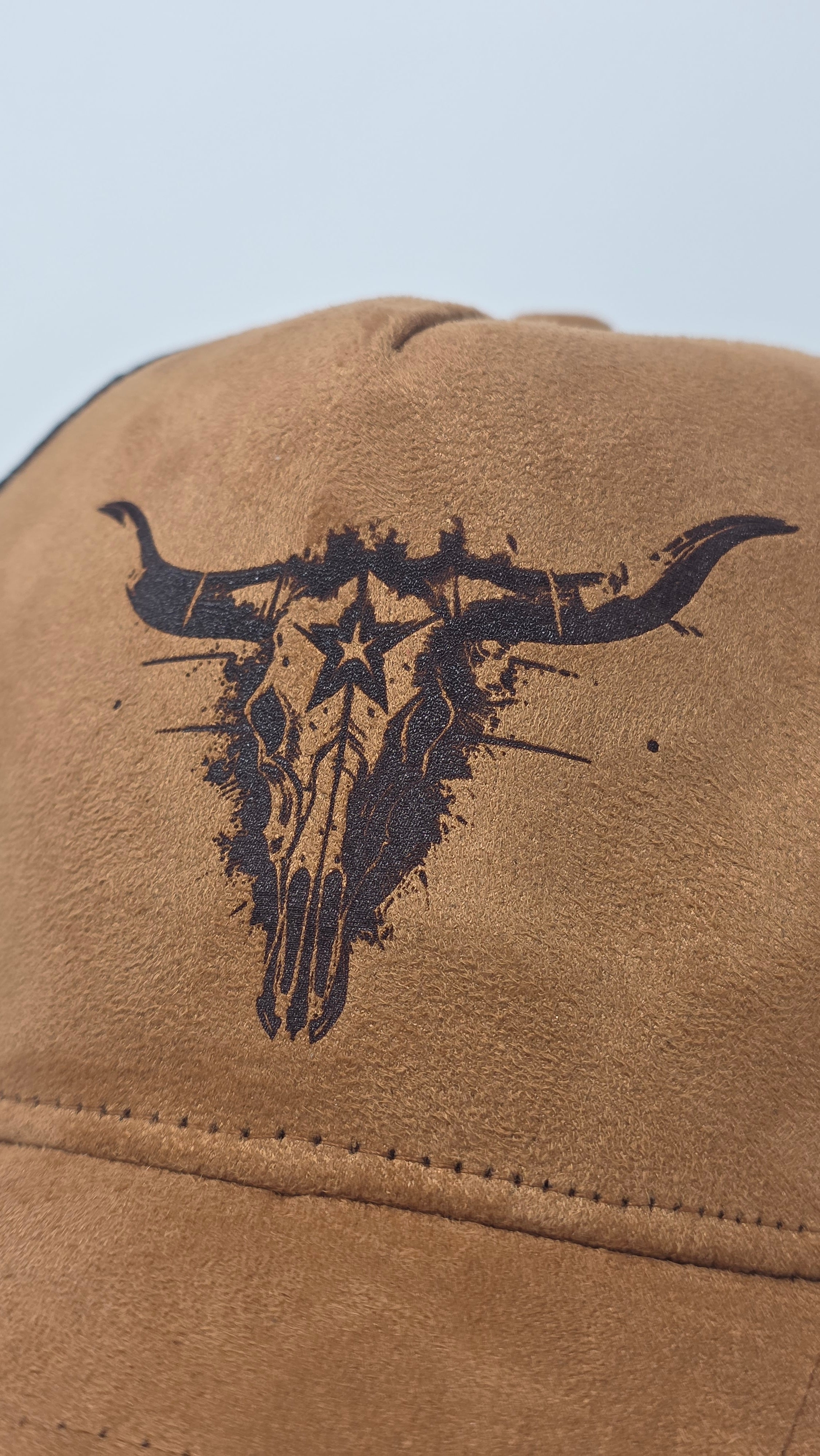 Brown Western Trucker Cap Engraved Longhorn Skull Cowboy Hat