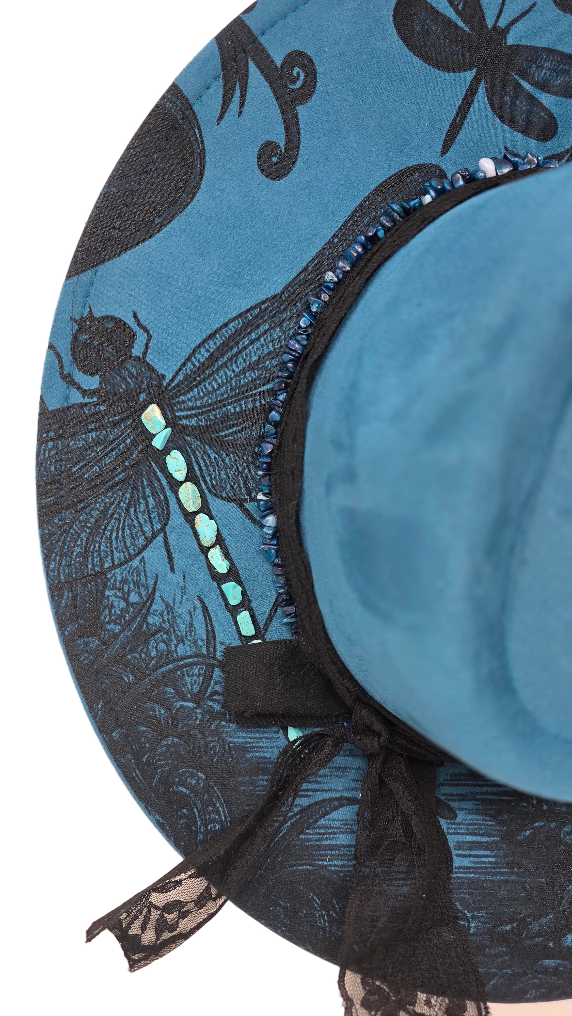Midnight Moonlight Dragonfly Fedora Hat – Blue & Black Statement Brim with Beaded Detail
