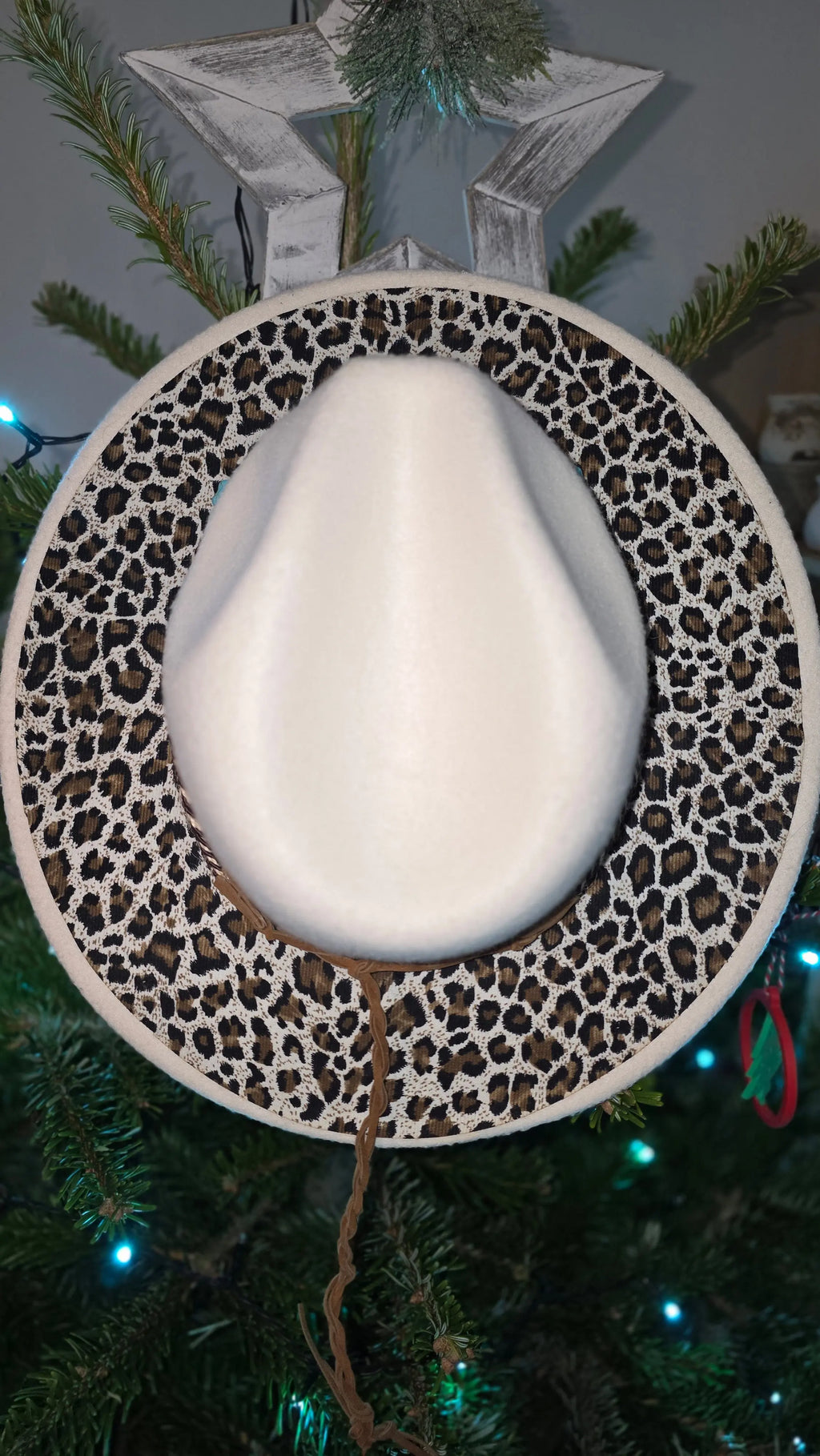 Biege Western Fedora with Full Leopard Print Brim Western Fedora Hats