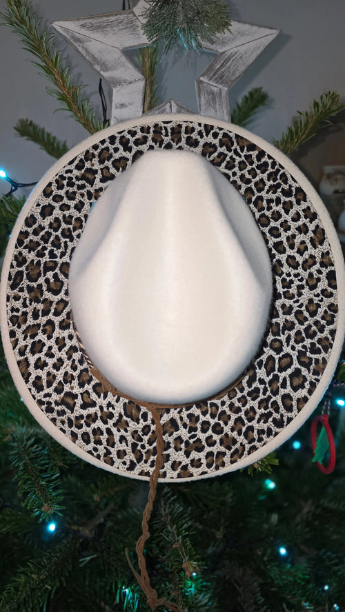 Biege Western Fedora with Full Leopard Print Brim Western Fedora Hats
