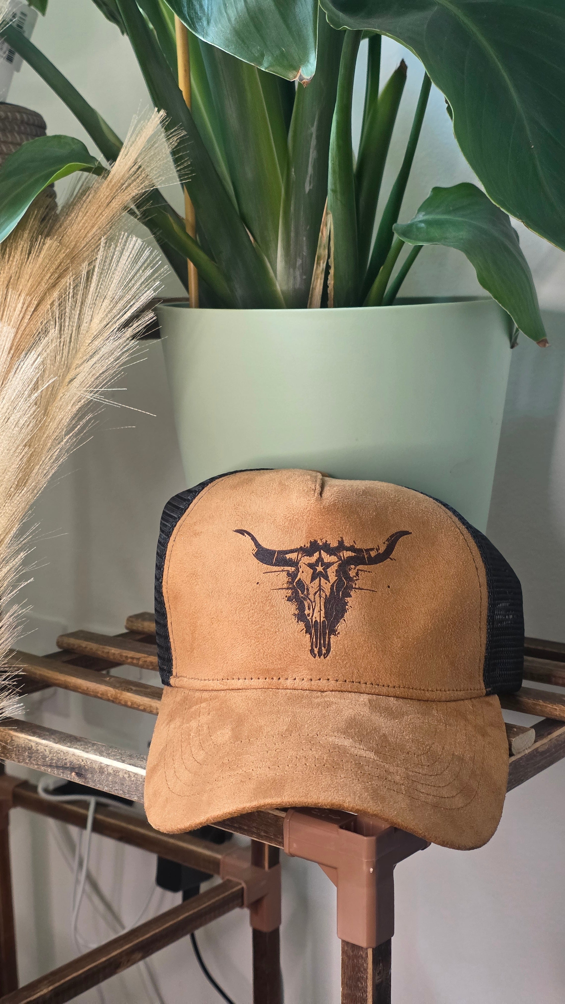 Brown Western Trucker Cap Engraved Longhorn Skull Cowboy Hat