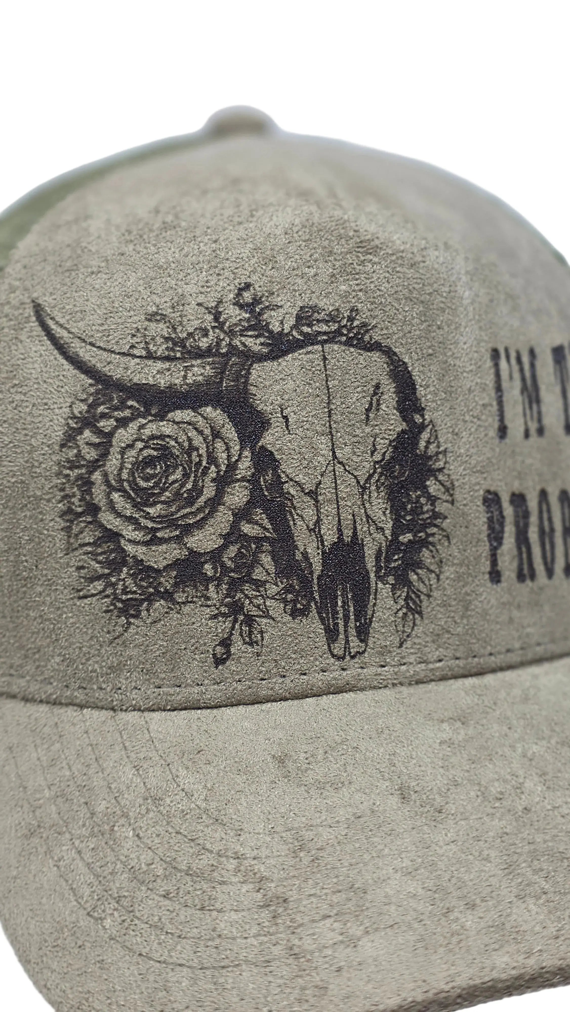 Engraved Cap with skull and rose design