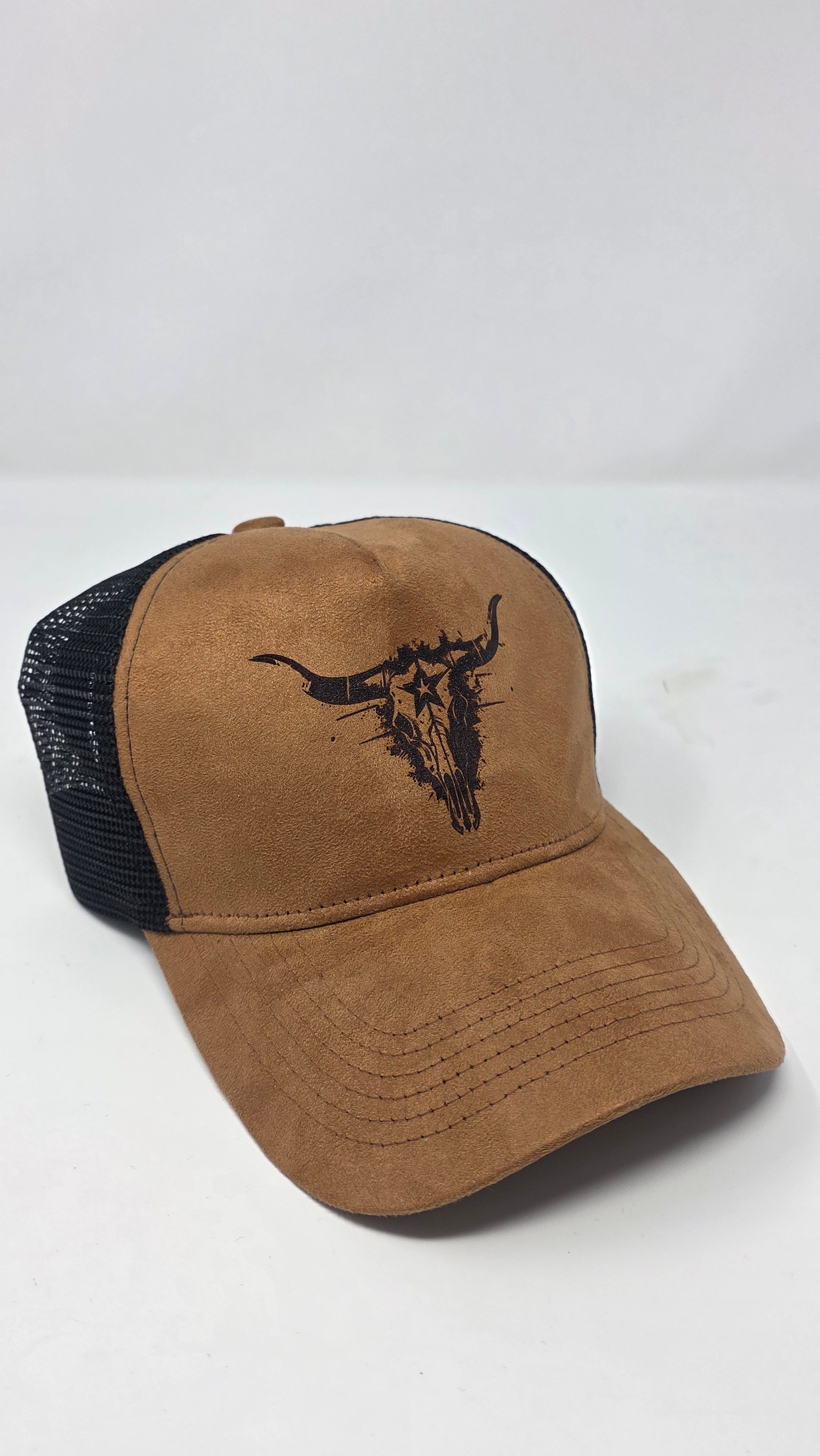 Brown Western Trucker Cap Engraved Longhorn Skull Cowboy Hat