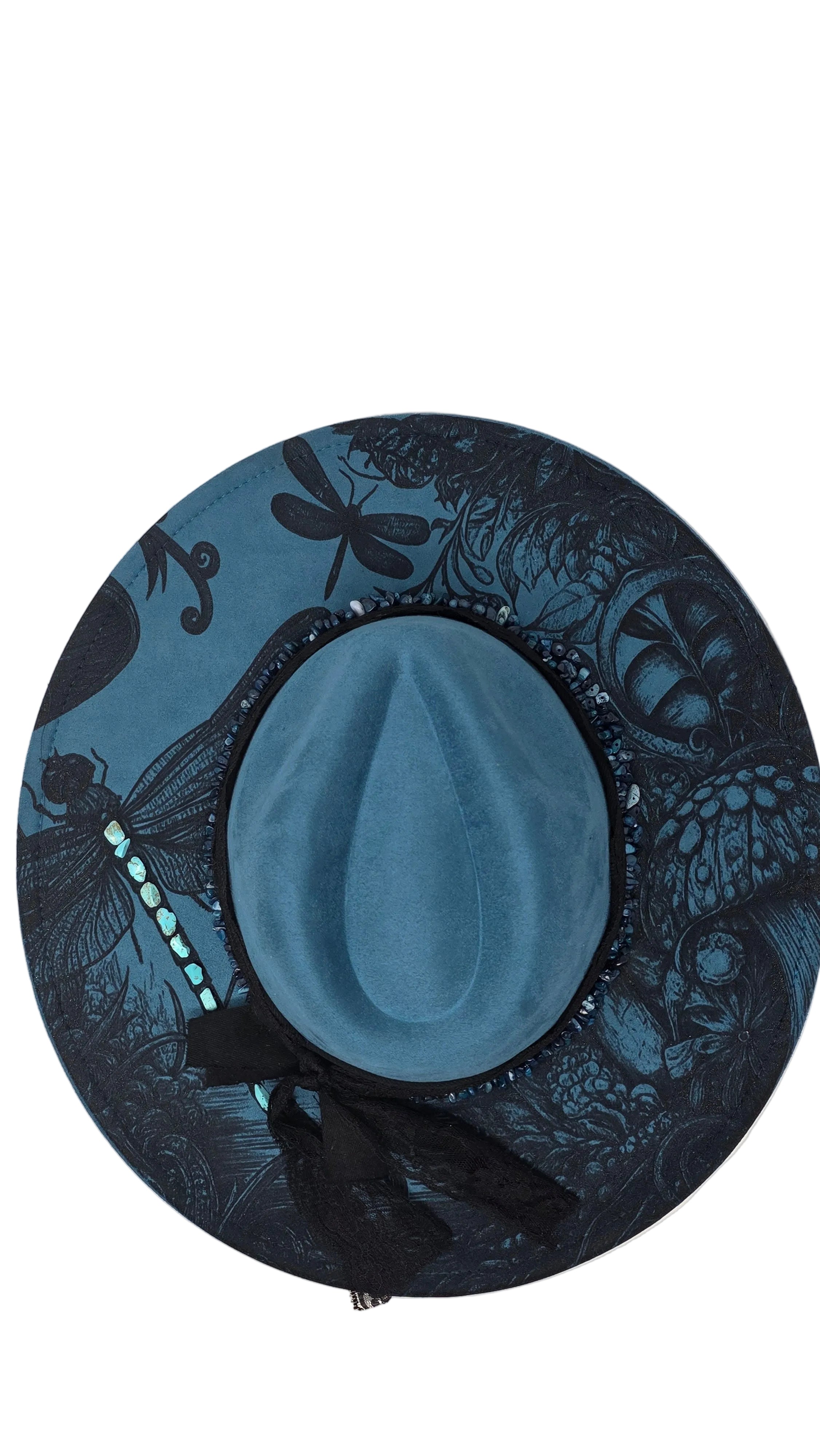 Midnight Moonlight Dragonfly Fedora Hat – Blue & Black Statement Brim with Beaded Detail