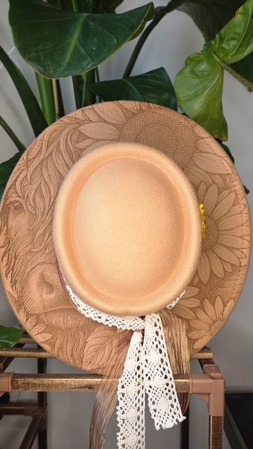 Beige Western Fedora Hat – Laser Engraved Sunflower & Highland Cow Design with Lace Ribbon