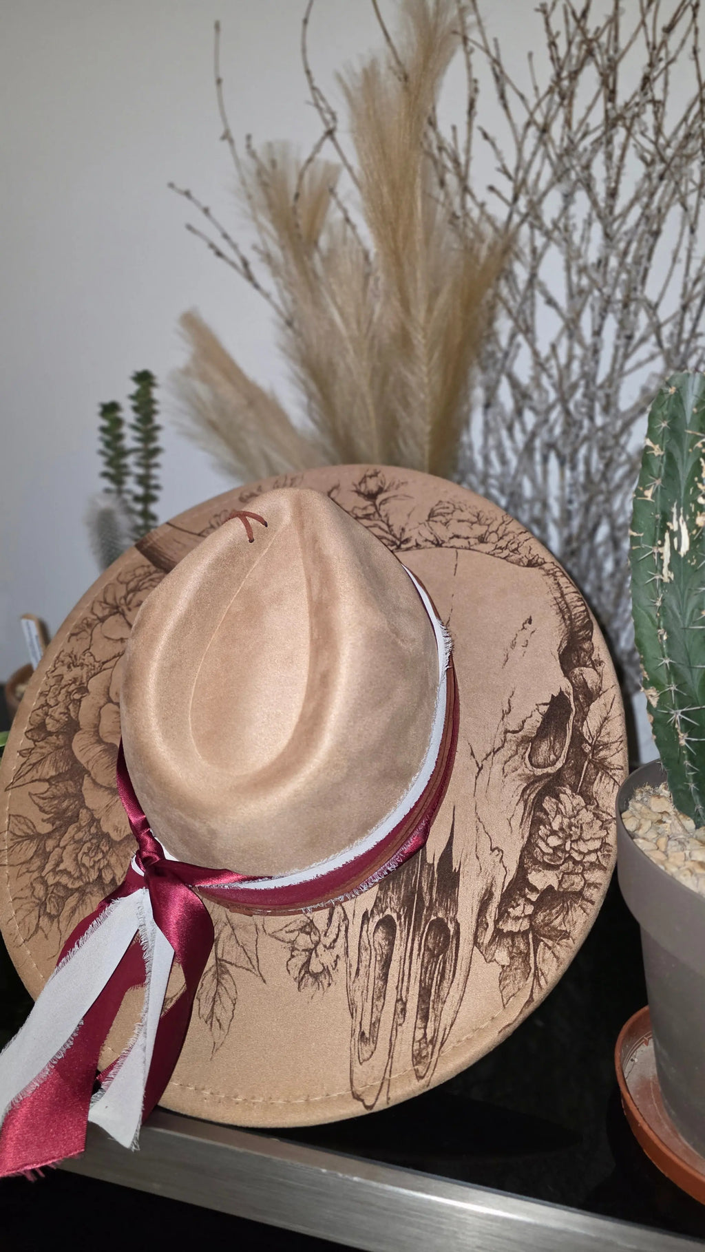 Engraved Floral Cow Skull Fedora Hat Western Fedora Hats