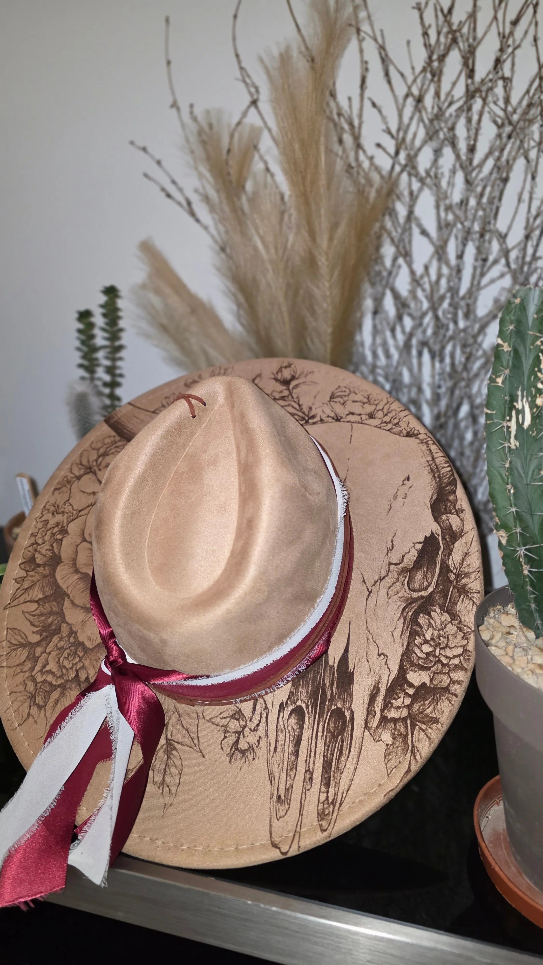 Engraved Floral Cow Skull Fedora Hat Western Fedora Hats