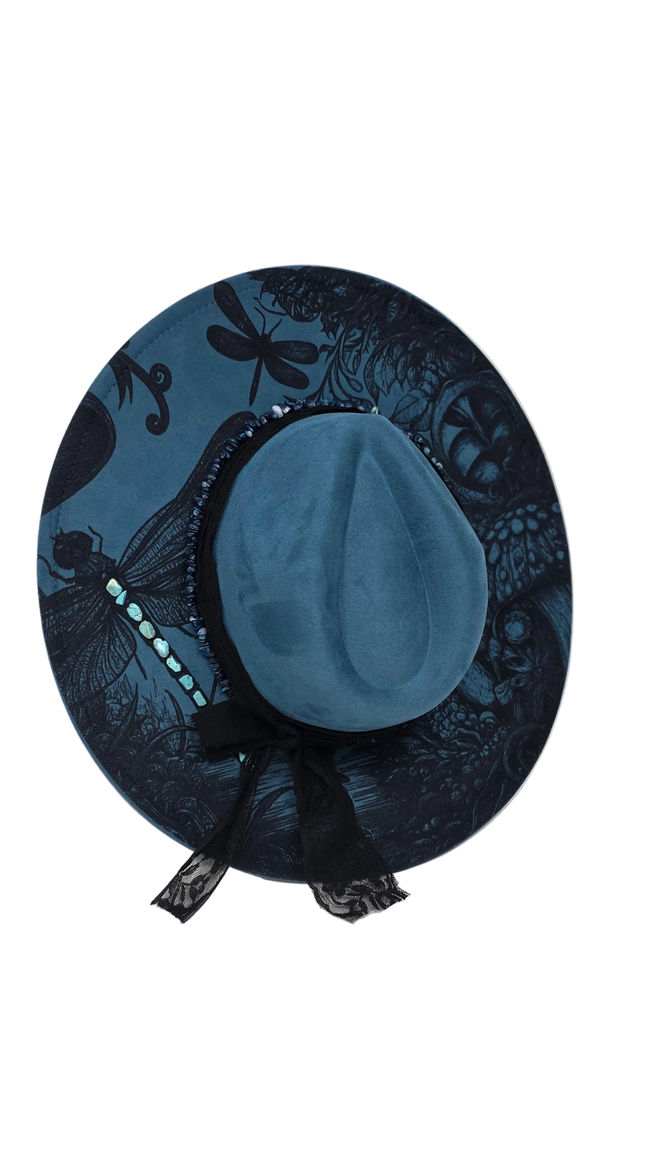 Midnight Moonlight Dragonfly Fedora Hat – Blue & Black Statement Brim with Beaded Detail
