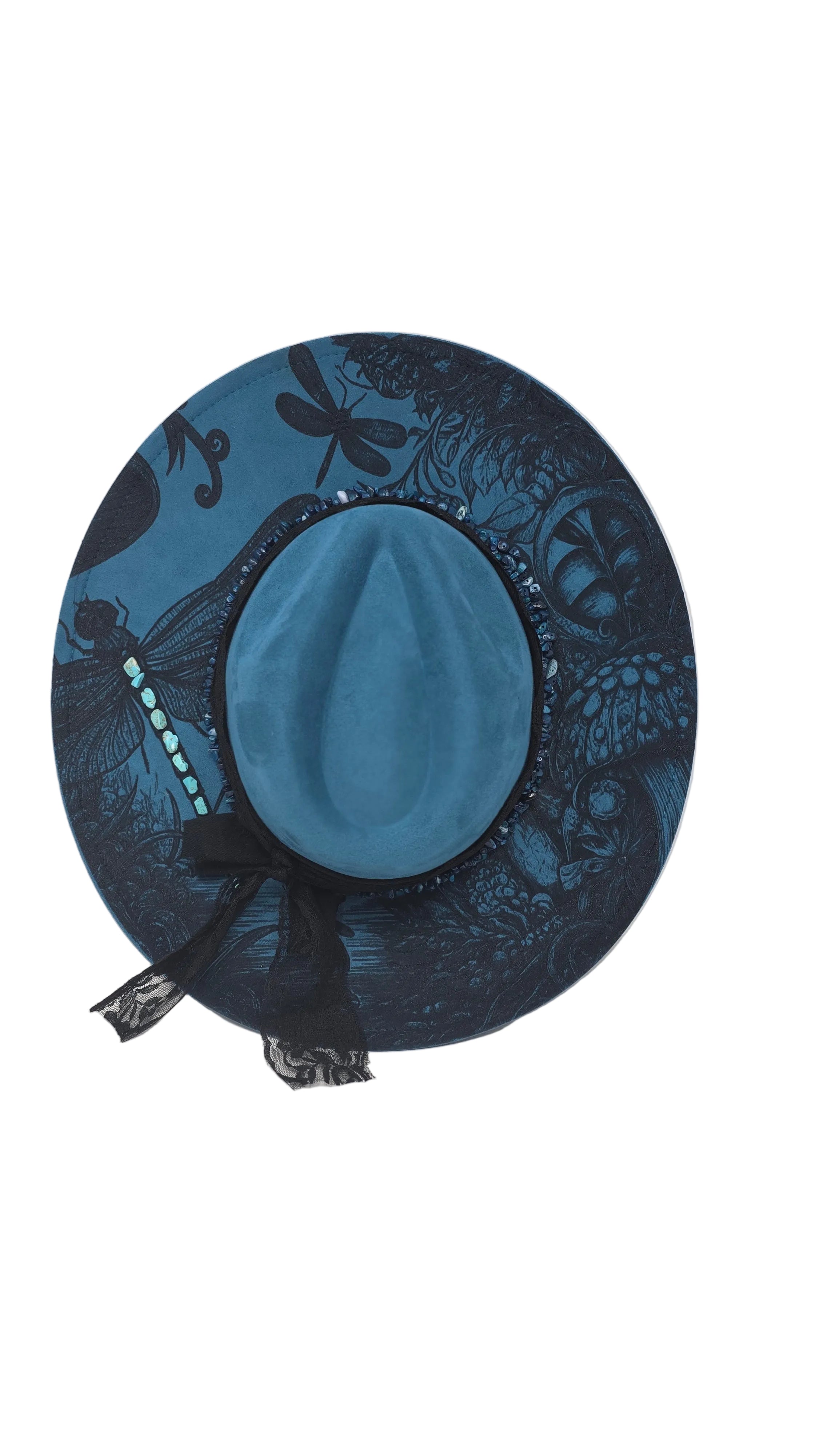 Midnight Moonlight Dragonfly Fedora Hat – Blue & Black Statement Brim with Beaded Detail