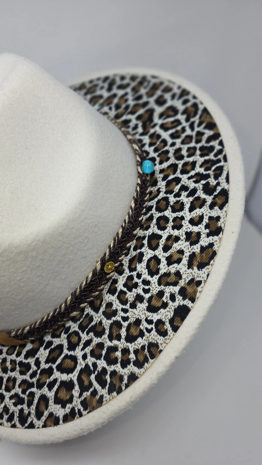 Biege Western Fedora with Full Leopard Print Brim Western Fedora Hats