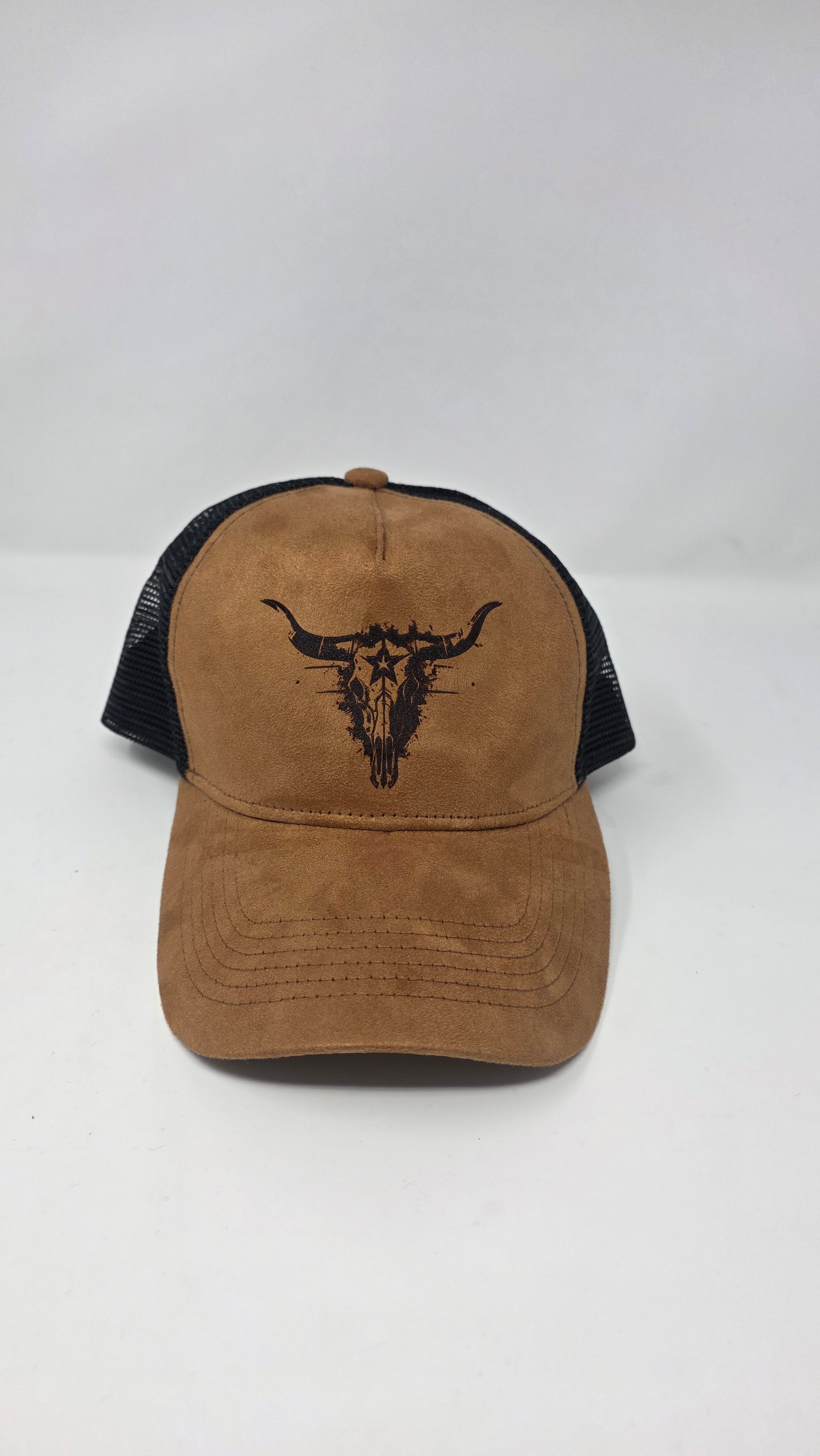 Brown Western Trucker Cap Engraved Longhorn Skull Cowboy Hat