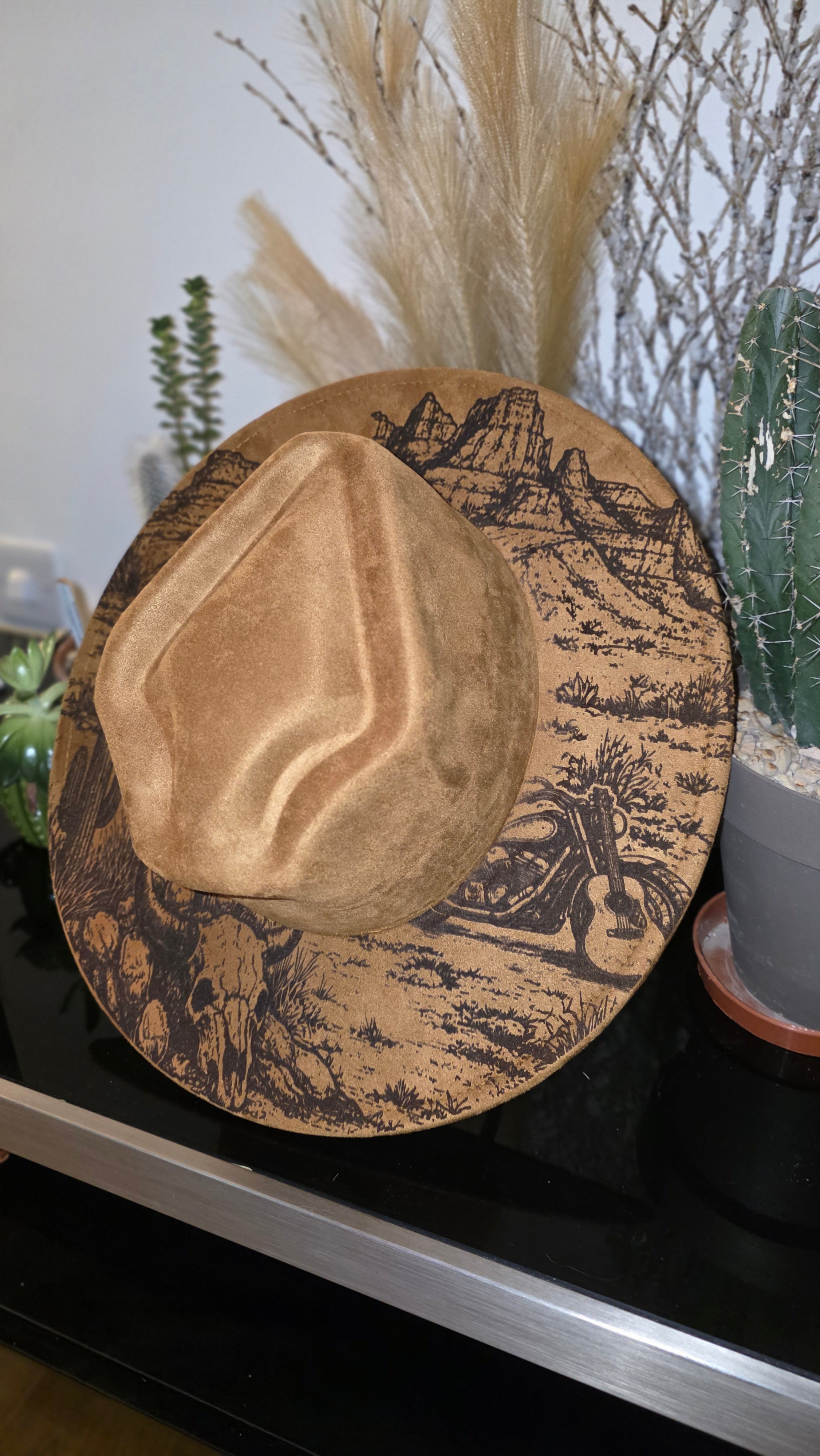 Desert Motorcycle Engraved Fedora Hat – Western Style Statement Piece