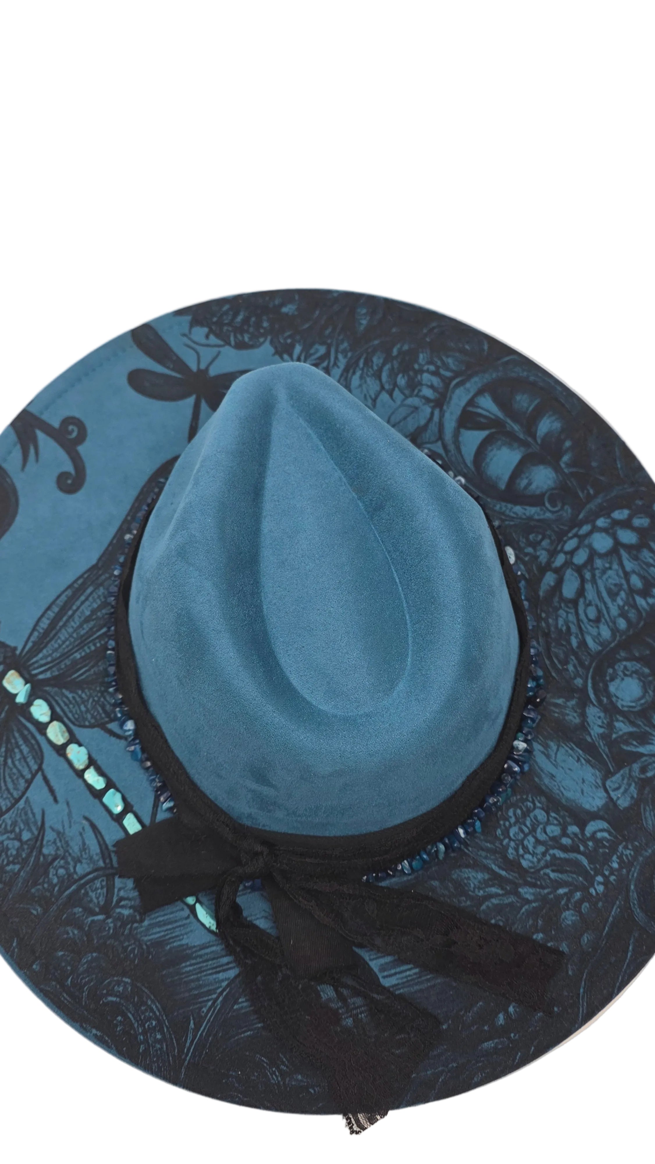 Midnight Moonlight Dragonfly Fedora Hat – Blue & Black Statement Brim with Beaded Detail