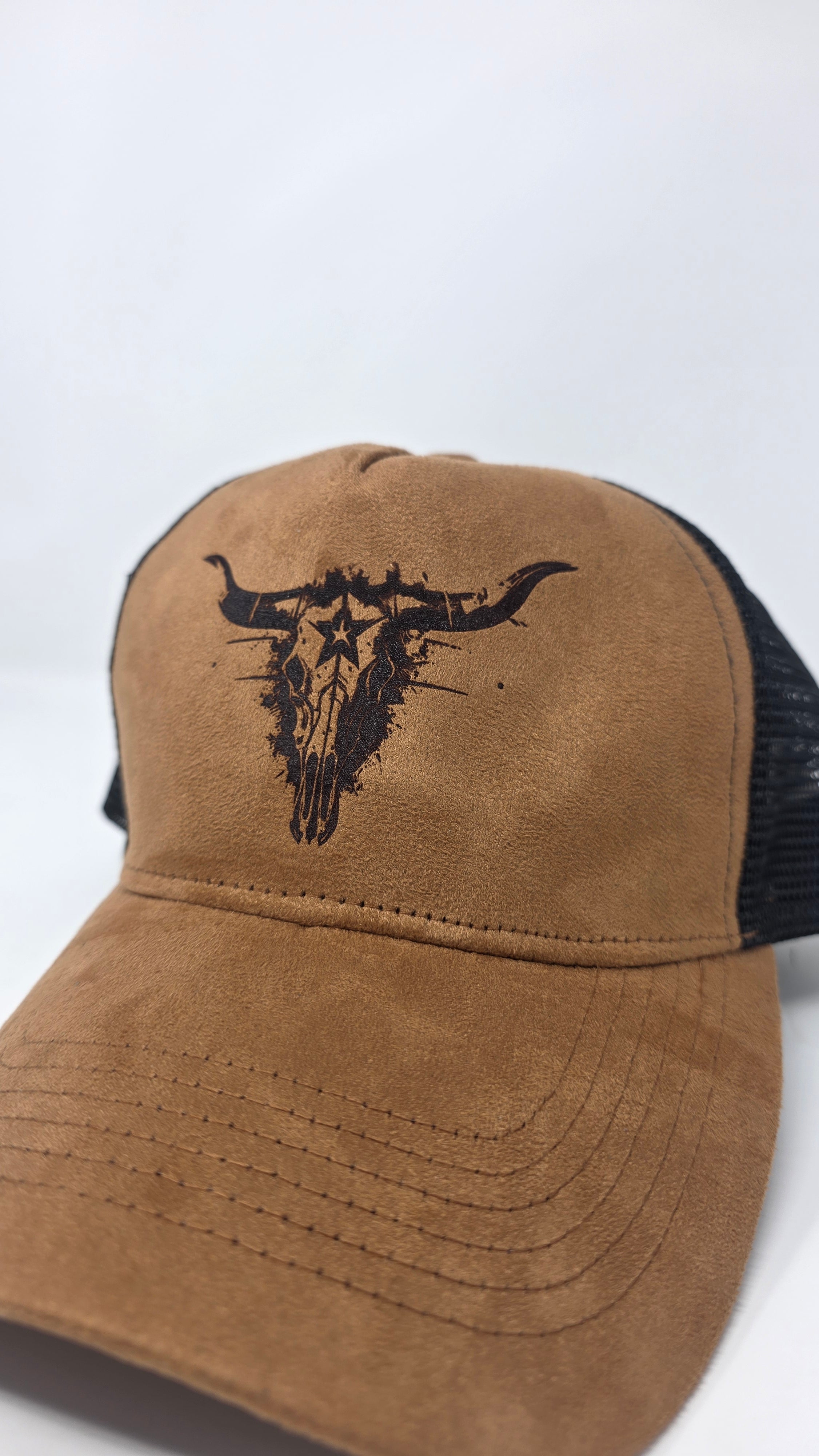 Brown Western Trucker Cap Engraved Longhorn Skull Cowboy Hat