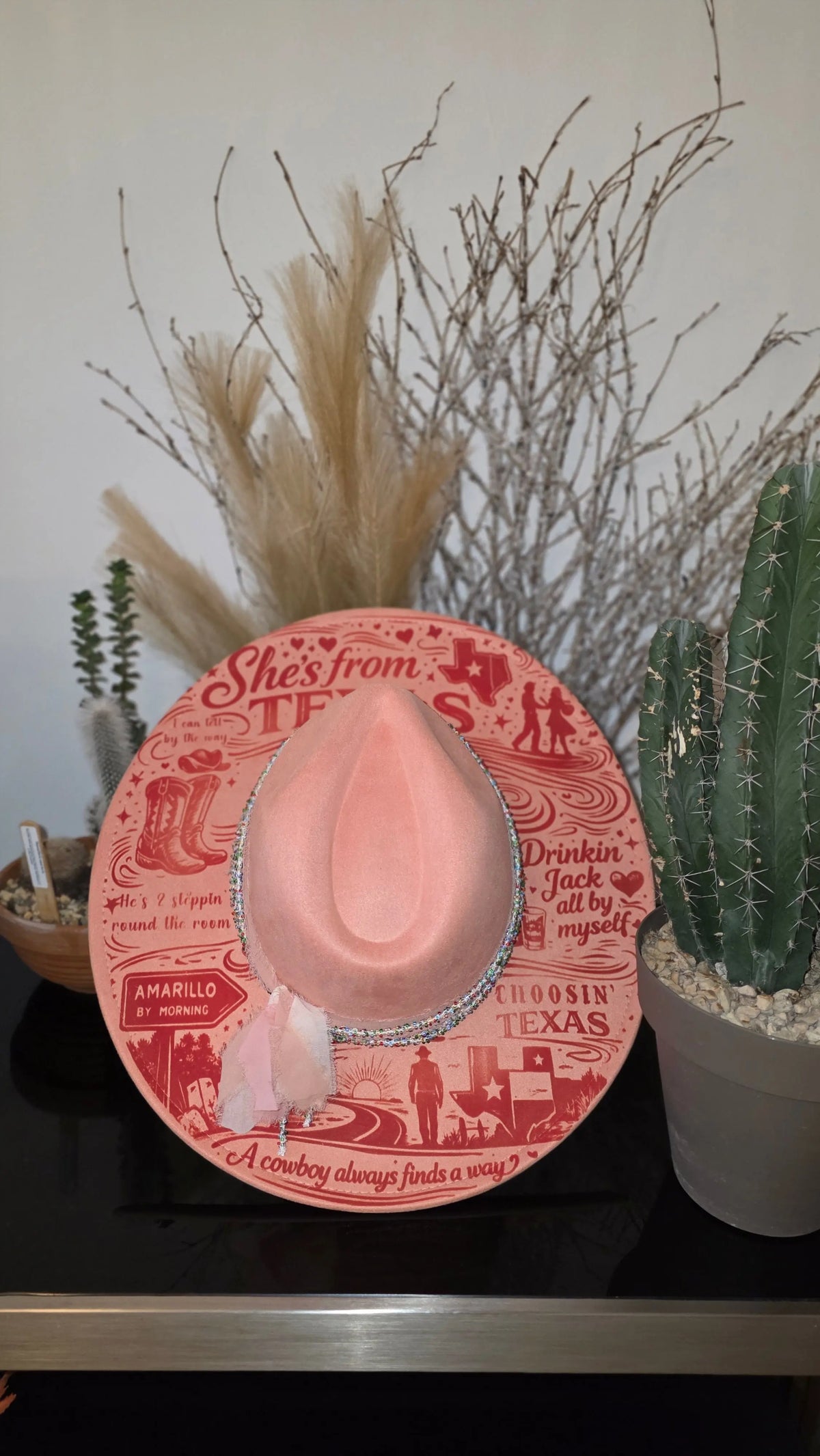 Pink laser engraved fedora with cowgirl spirit, inspired by Ella Langley's She's From Texas (photo 3)