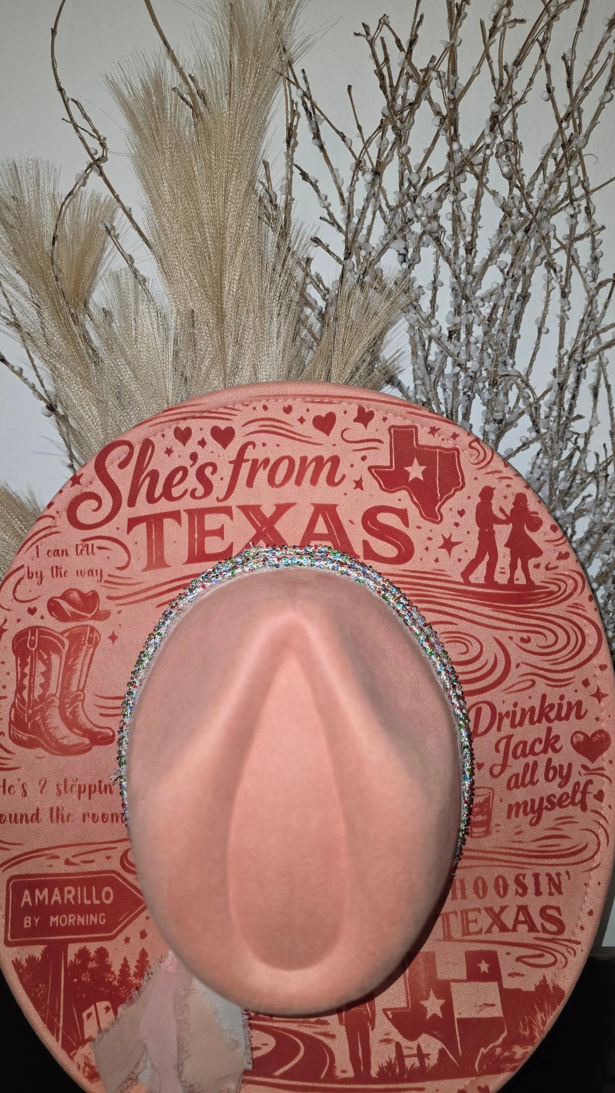 Pink laser engraved fedora with cowgirl spirit, inspired by Ella Langley's She's From Texas (photo 4)