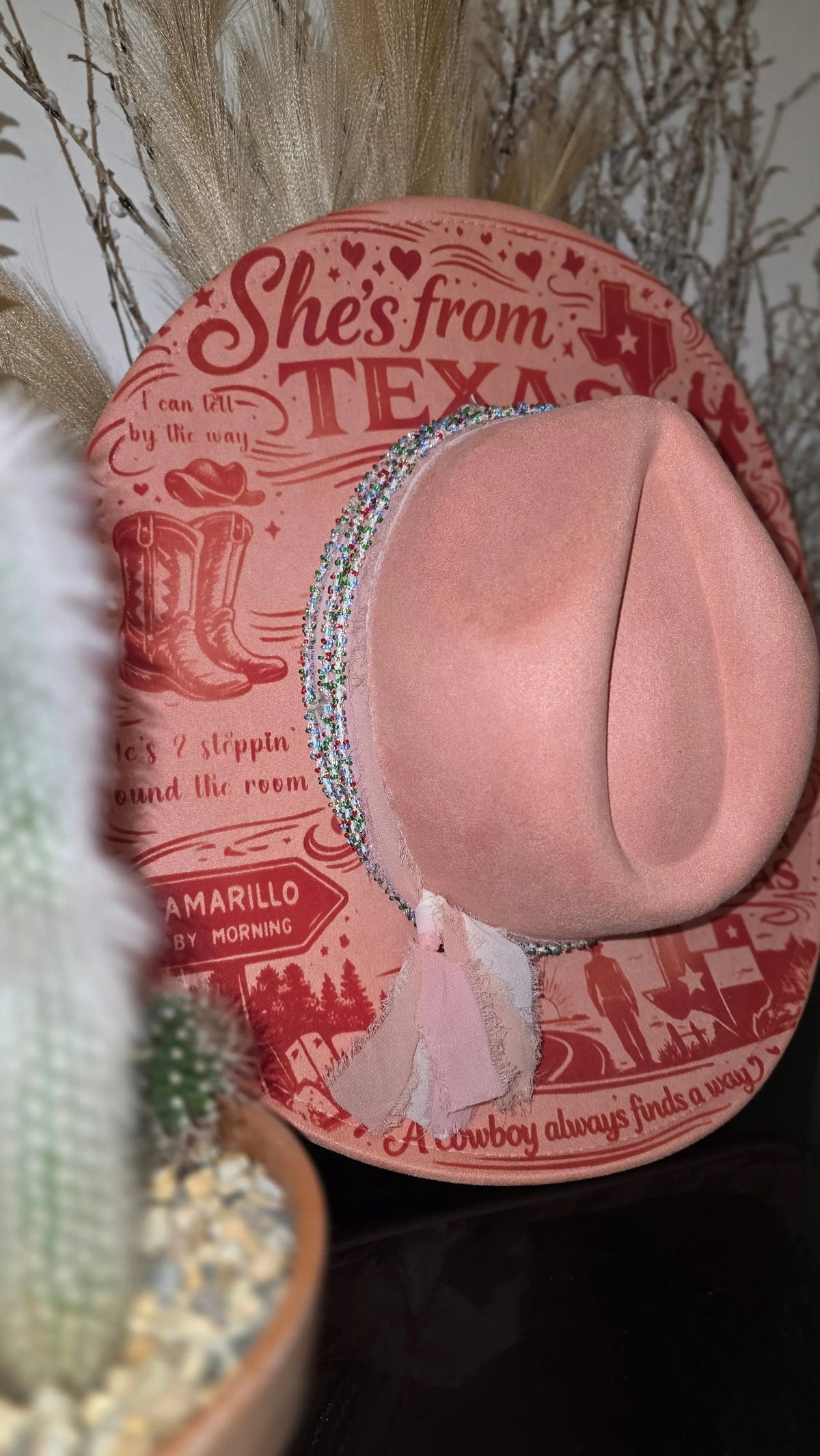 Pink laser engraved fedora with cowgirl spirit, inspired by Ella Langley's She's From Texas (photo 5)