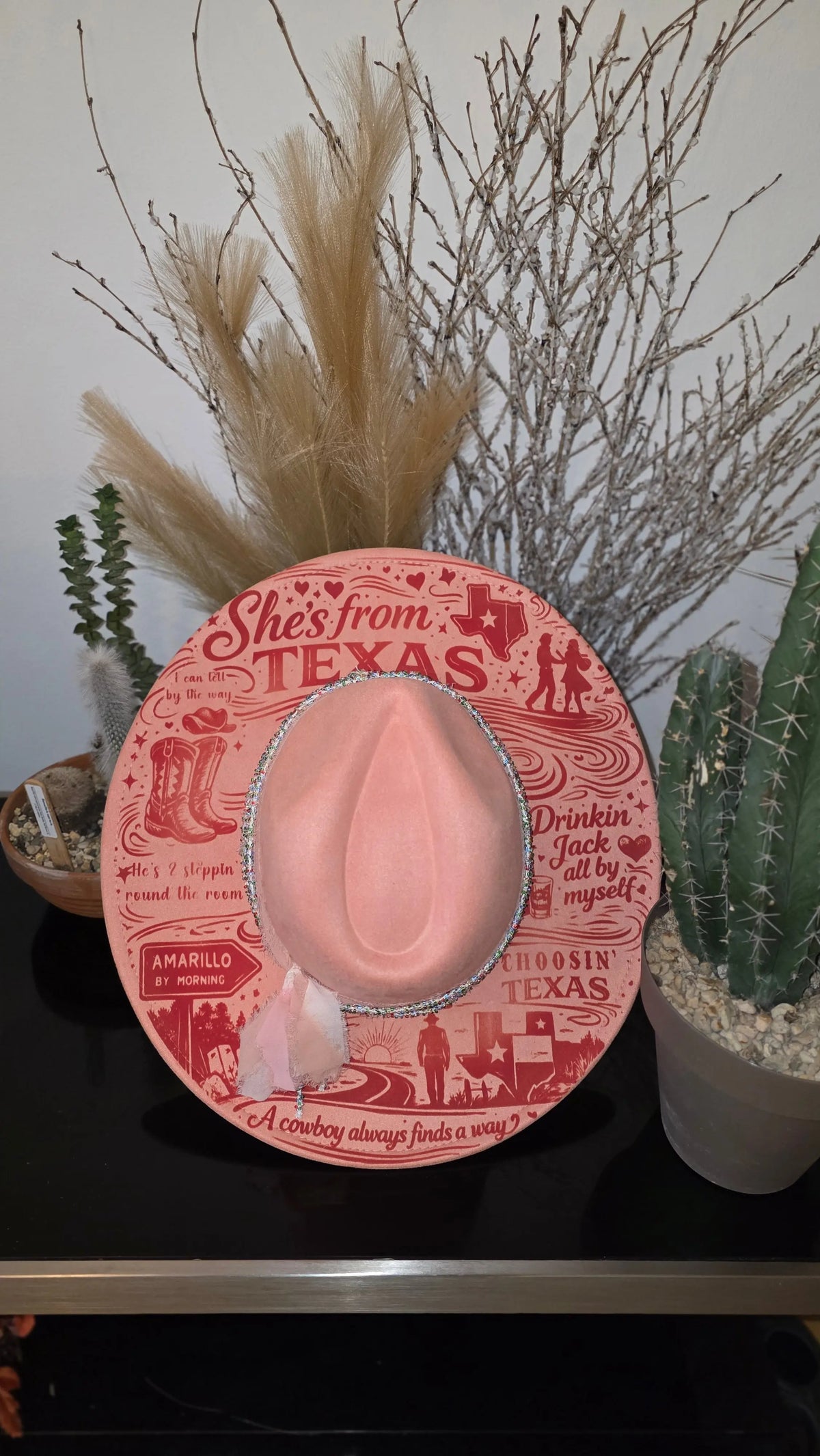 Pink laser engraved fedora with cowgirl spirit, inspired by Ella Langley's She's From Texas (photo 6)