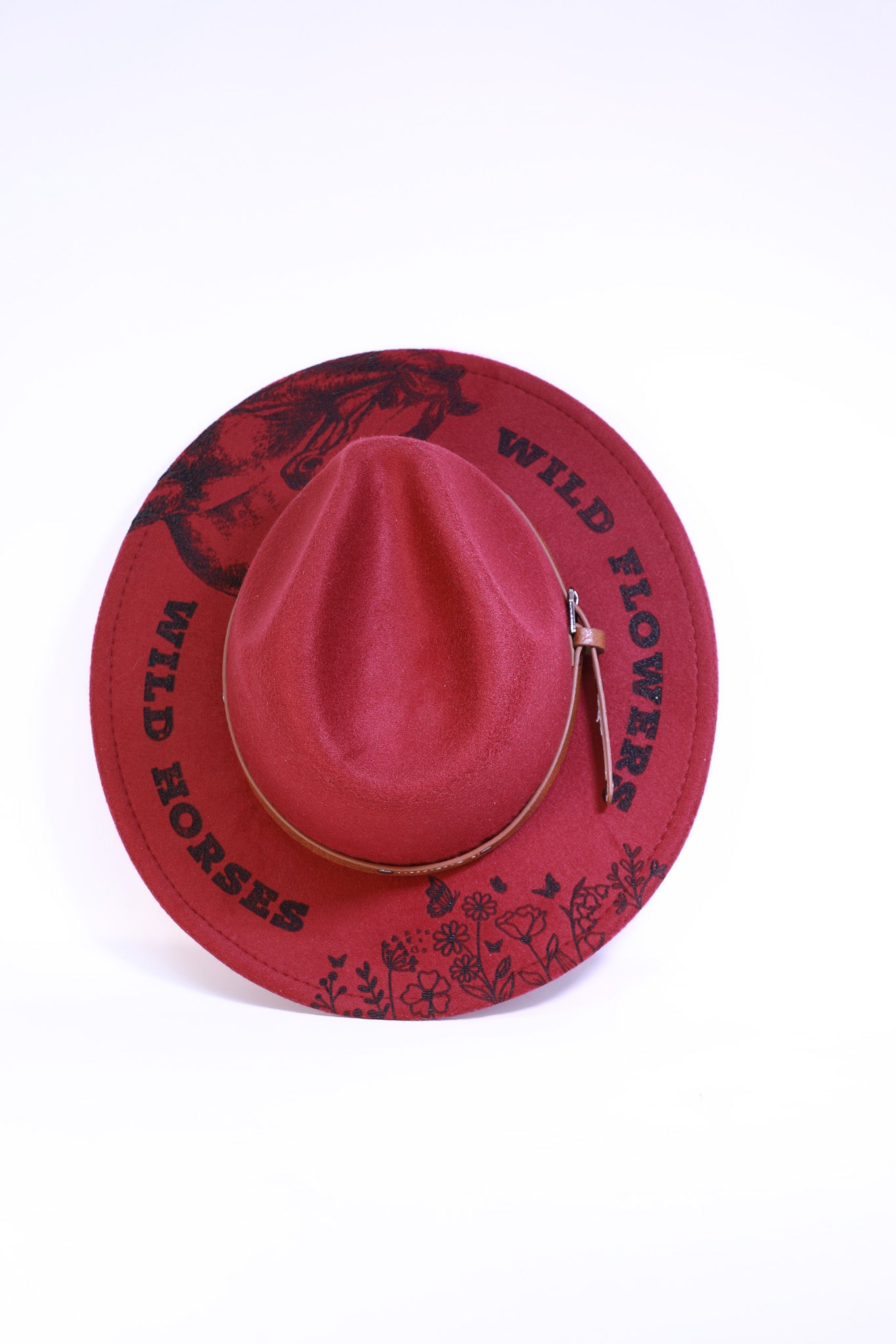Burgundy Western Fedora Hat - Wild Flowers, Wild Horses Design