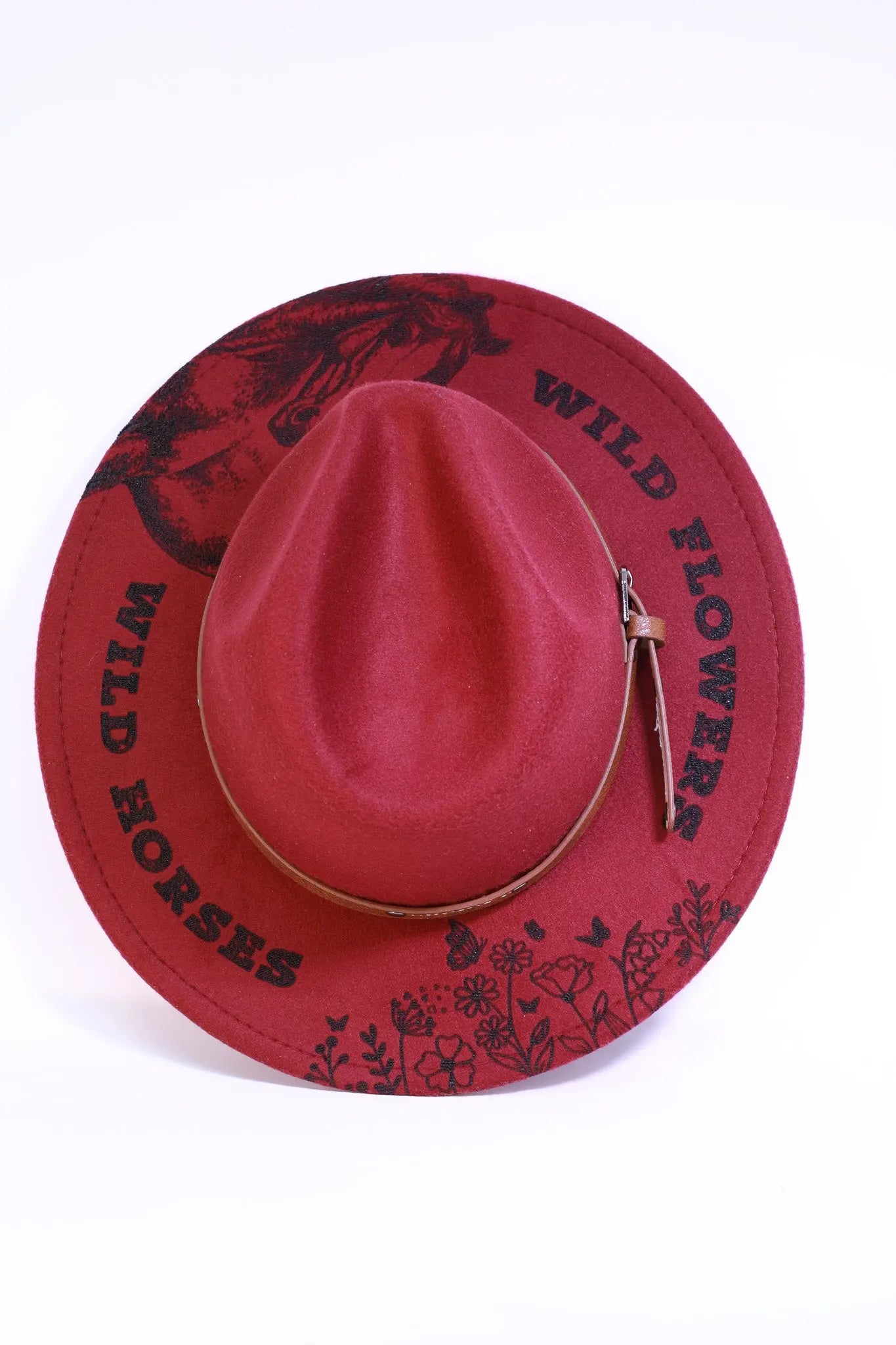 Burgundy Western Fedora Hat - Wild Flowers, Wild Horses Design Western Fedora Hats