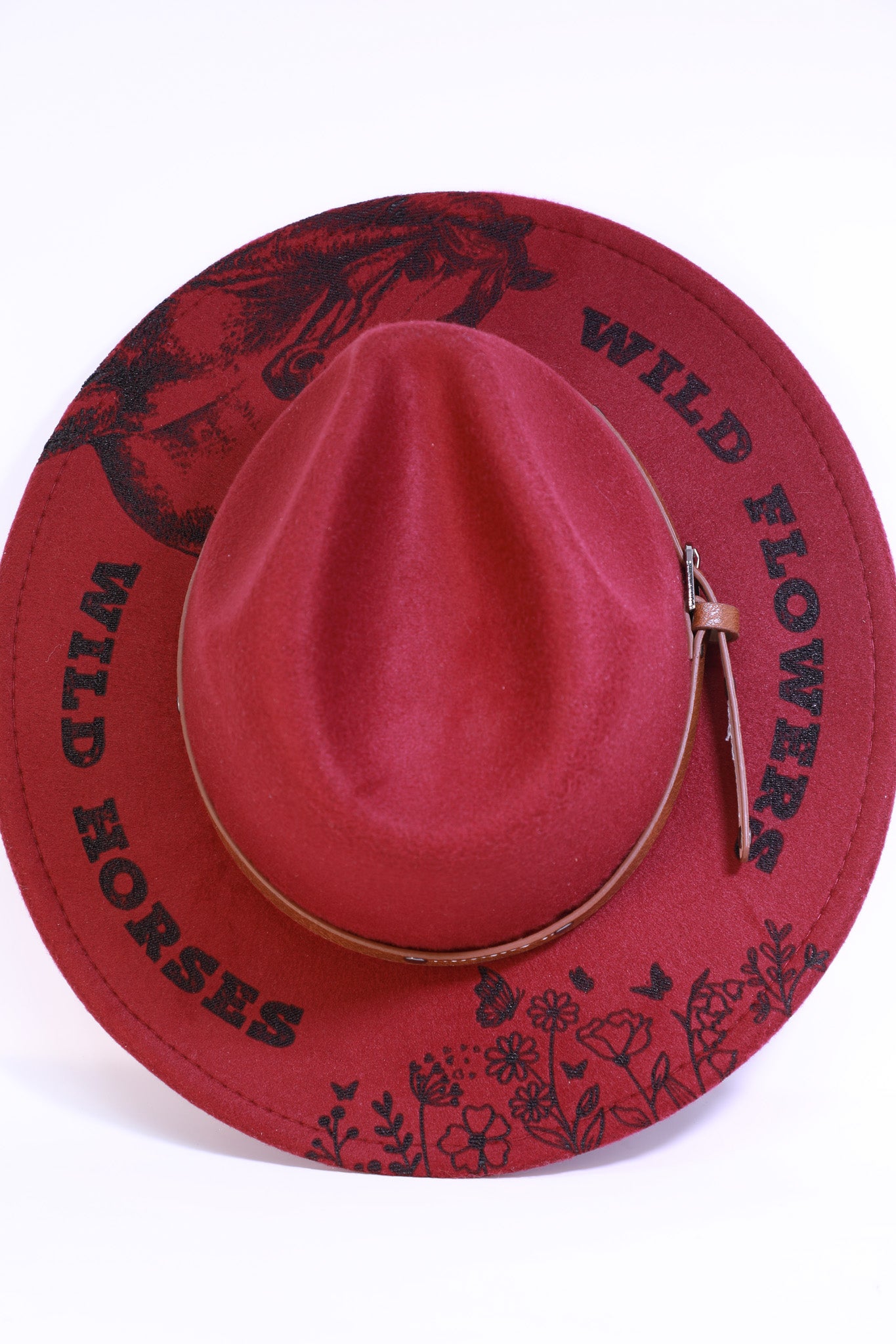Burgundy Western Fedora Hat - Wild Flowers, Wild Horses Design