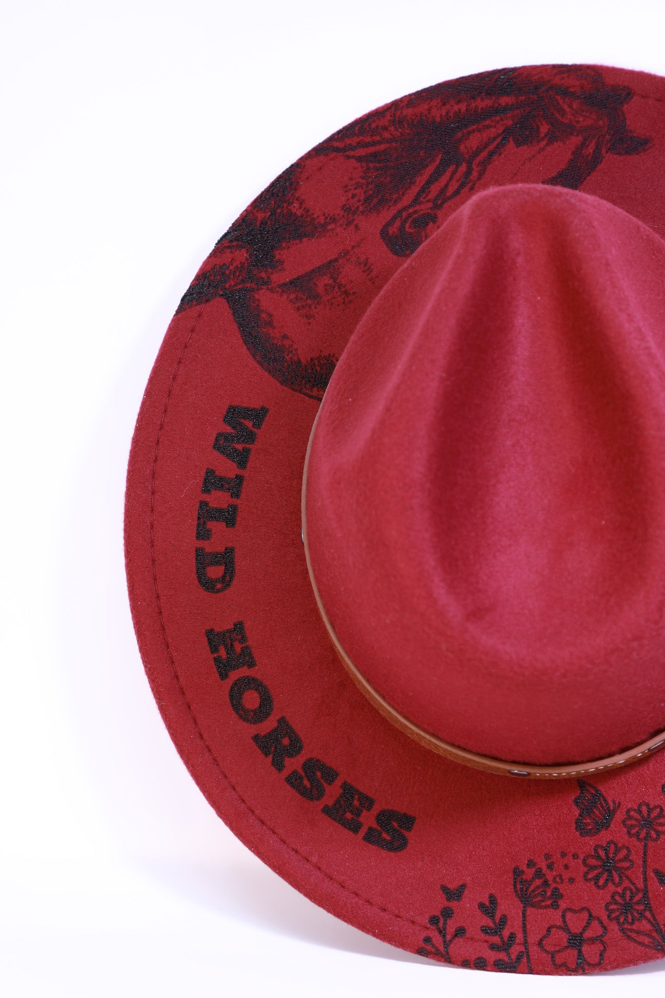 Burgundy Western Fedora Hat - Wild Flowers, Wild Horses Design