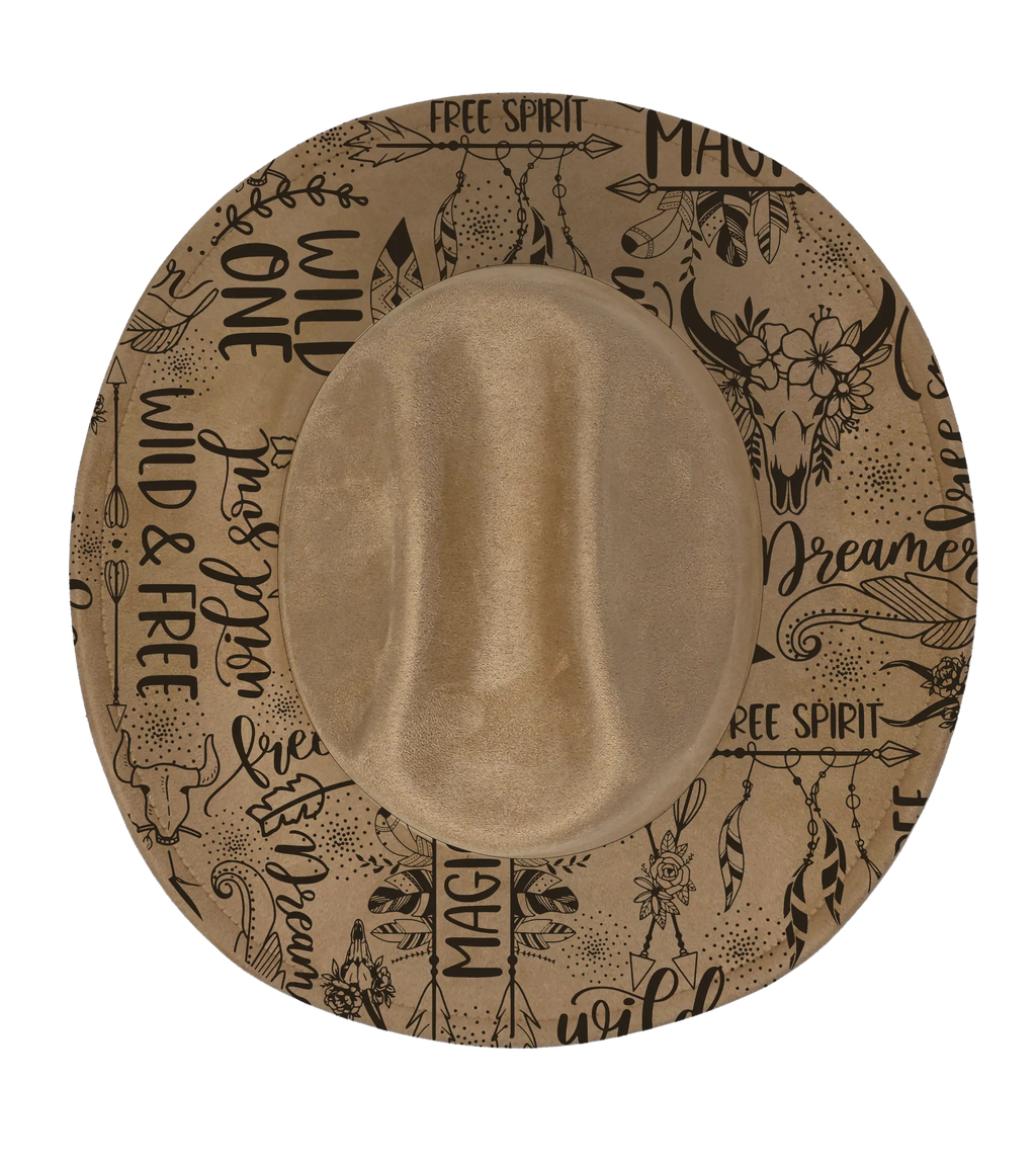 Tan coloured cattleman hat with wild and free engraved design